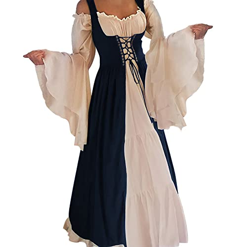 Abaowedding Womens's Medieval Renaissance Costume Cosplay Chemise and Over Dress Navy Blue 2X-Large/3X-Large