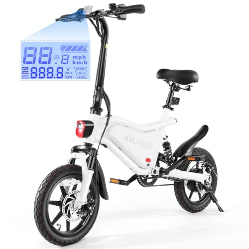 ANCHEER Folding Electric Bike for Adults, 20MPH Ebike, UP to 45 Miles Electric Bikes, 14' Foldable Electric Bicycle for Women/Men, Cruise Control Ebikes, LCD Digital Display, Dual Suspension