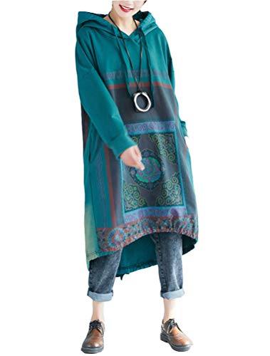 FTCayanz Women’s Oversized Sweatshirt Dress Hoodies Pullover Ethnic Printed Fall Dresses with Pockets Green