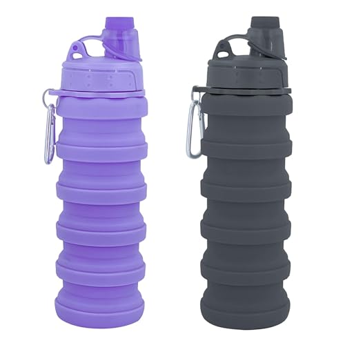 YCTMALL Collapsible Water Bottles Two Pack Travel Sports Portable Sport Water Bottle comes with mountaineering Buckle 500ml silicone Water-proof camping water bottle (Purple and Grey Color)