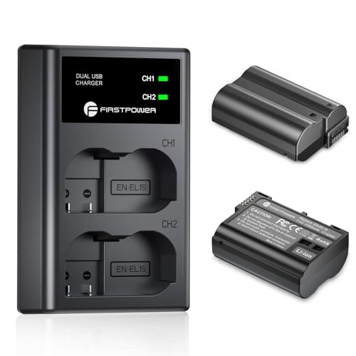 FirstPower EN-EL15 /EL15a/EL15b/EL15c Batteries 2-Pack and USB Dual Charger Compatible with Nikon Z6 Z7 D750 D850 D7000 D7100 D7200 D7500 D500 D600 D610 D780 D800 D800e D810 D810a Cameras