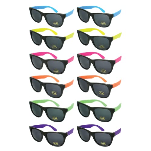 Edge I-Wear 12 Bulk 80s Neon Party Sunglasses for Adult Party Favors with CPSIA certified-Lead(Pb) Content Free (2 Bu/2 Yl/2 Pk/2 Or/2 Gn/2 Pp, 54)