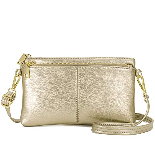 ZOOEASS Triple Zip Small Crossbody Bag Lightweight Purses Vegan Leather Wristlet Clutch, Includes Adjustable Shoulder (Gold)