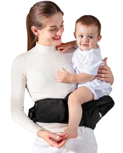 Baby Hip Seat Carrier, GROWNSY Ergonomic Hip Seat Baby Carrier with Multiple Pockets, Adjustable Extended Waistband for Newborns & Toddlers up to 50 lbs, Black