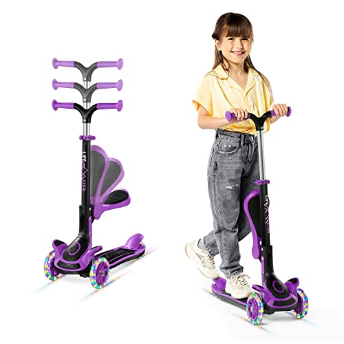 Lifemaster Adjustable Kids Scooter - Children and Toddler 3 Wheeled Kick Scooter with Adjustable Handlebar, Foldable Seat and LED Wheel Lights for Outdoor and Indoor - Purple
