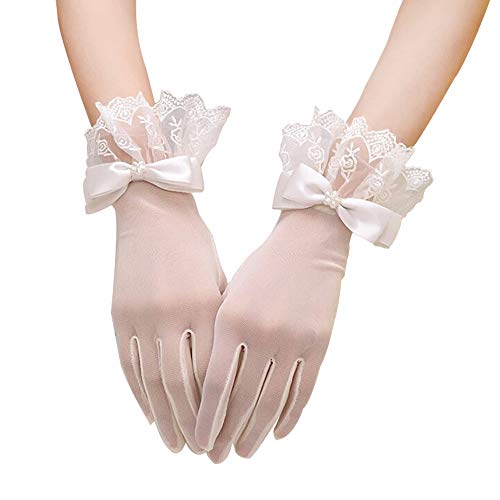 R STAR Floral Short Lace Gloves, Women Wrist Length Gloves for Wedding(B)