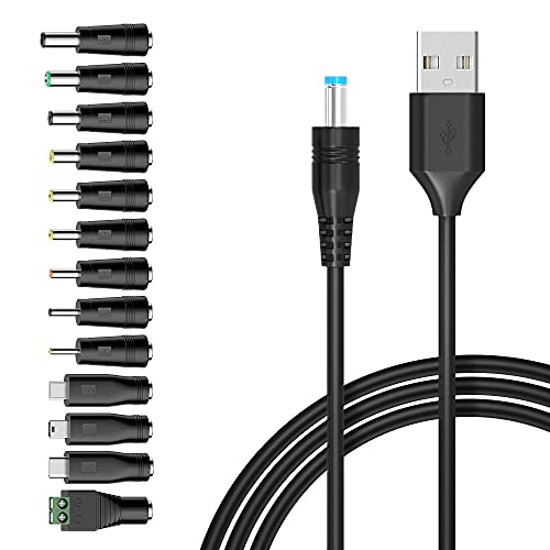 Belker Universal 5V DC 5.5 2.1mm Jack Charging Cable Power Cord, USB to DC Power Cable with 14 Interchangeable Plugs Connectors Adapters Compatible with 5V Devices Max Support 3A