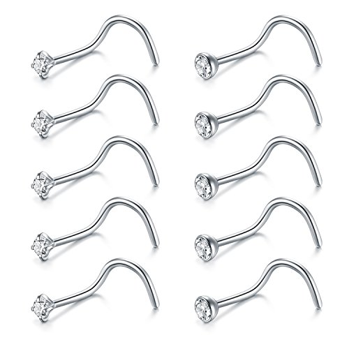 Briana Williams Nose Rings 10Pcs 20G Nose Screw Rings Studs Surgical Steel Sliver Piercing Jewelry 2mm Clear CZ