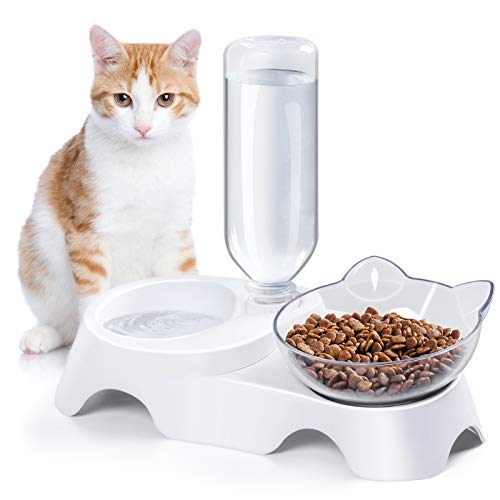 MILIFUN Double Dog Cat Bowls - Pets Water and Food Bowl Set, 15°Tilted Water and Food Bowl Set with Automatic Waterer Bottle for Small or Medium Size Dogs Cats