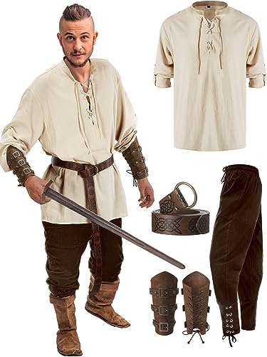 Jiuguva 4 Pcs Halloween Men's Renaissance Costume Set Medieval Pirate Shirt Ankle Banded Pants Viking Belt Accessories (Vintage Color,X-Large)