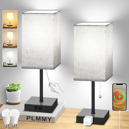 PLMMY Table Lamp for Bedroom Set of 2, 3 Color Bedside Lamps with AC Outlets, Square Pull Chain Nightstand Lamp for Living Room, Office Desk, LED Bulb Included