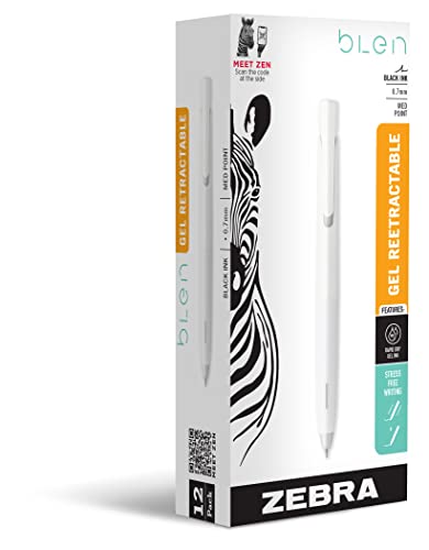 Zebra Pen bLen Retractable Gel Pen, White Barrel, Medium Point, 0.7mm, Black Ink, 12-Pack (41400)