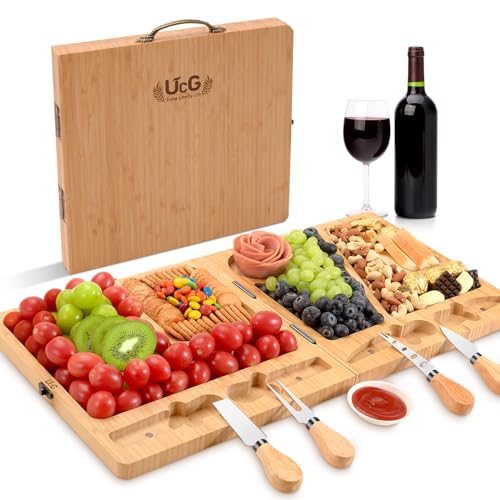 Cheese Board Charcuterie Gift Folding - Bamboo Sturdy Easy to Storage Magnetic Mount Serving Platter with Knife Travel Picnic Cheese Tray Set Christmas Housewarming Wedding Bridal Shower Gift UTCG U1