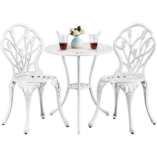 Yaheetech Patio Bistro Sets 3 Piece, Outdoor Rust-Resistant Cast Aluminum Garden Table and Chairs, White