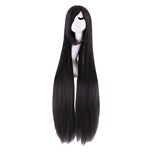 MapofBeauty 40 Inch 100 cm Oblique Bangs Anime Costume Long Straight Cosplay Wig Party Wig (Black)