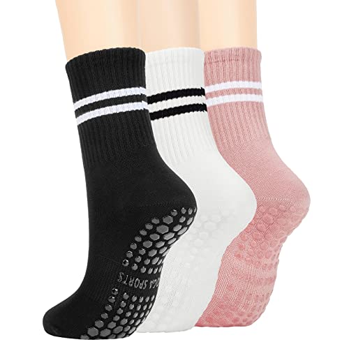 Pilates Socks with Grips for Women Yoga Socks Barre Socks Non Slip Socks Grippy Dance Socks Hospital Socks withe Grippers 3 Pairs-Black White Pink One Size