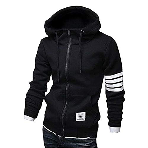 ZUEVI Men's Hoodies Casual Striped Drawstring Hooded And Zipper Closure Hoodie Slim Fit Fleece Sweatshirt (BLACK-M)