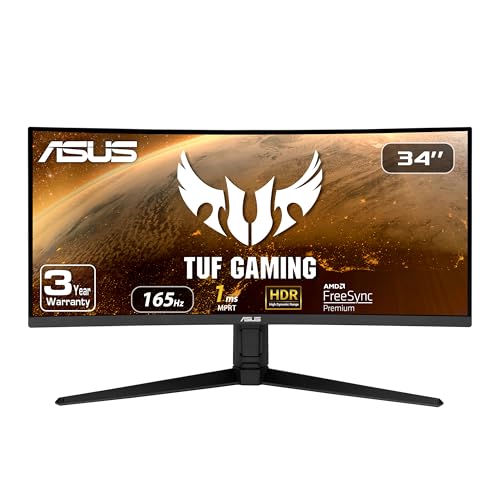 ASUS TUF 34 Inch Curved Gaming Monitor - WQHD (3440x1440), 165Hz, 1ms, Extreme Low Motion Blur, FreeSync Premium, Eye Care, Height Adjustable, DisplayHDR 400, DisplayPort, HDMI, USB - VG34VQL1B