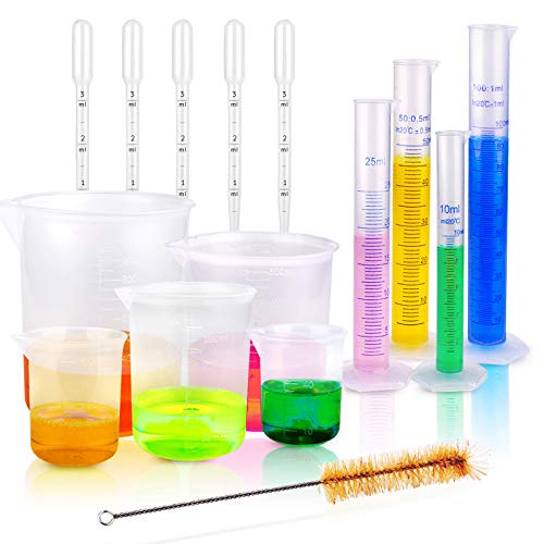 moveland Plastic Graduated Cylinders and Beakers with 5 Pipettes, 10ml 25ml 50ml 100ml Cylinders, 50ml 100ml 250ml 500ml 1000ml Beakers, Ideal for DIY and Kids Science Lab