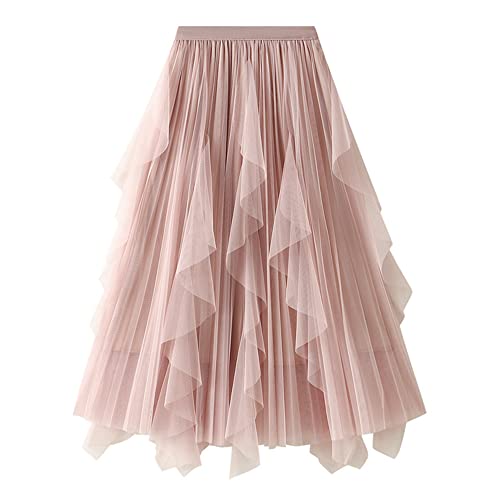 Dirholl Women's A-Line Fairy Elastic Waist Tulle Midi Skirt Scallop Pink