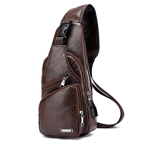 Men's Vintage Leather Sling Bag Shoulder Messenger Crossbody Pack with USB Charge Port Casual Bag Dark Brown