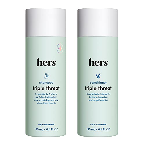 hers Triple Threat Shampoo and Conditioner Set for Women- Thickening, Moisturizing, Reduces Shedding- Color Safe Hair Loss Shampoo and Conditioner- 2 pack, 6.4oz