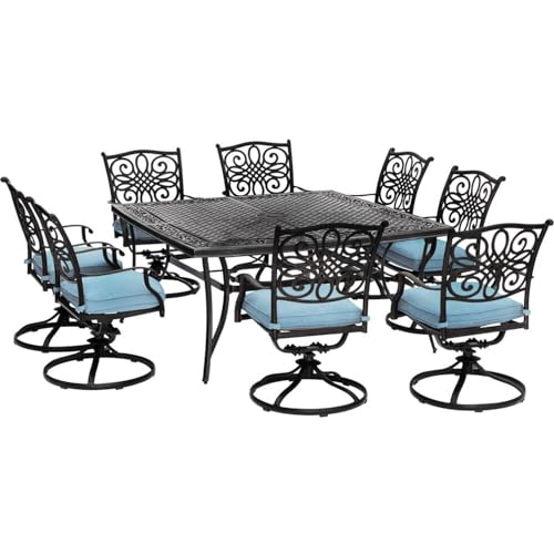 Hanover Traditions 9-Piece Rust-Free Aluminum Outdoor Patio Dining Set with Blue Cushions, 8 Swivel Rockers and Aluminum Square Dining Table