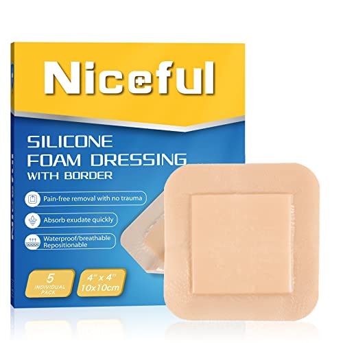 Niceful Silicone Foam Dressing 4'x4', Waterproof Silicone Bandages with Border Adhesive, High Absorbency Bed Sore Bandages Wound Care Dressing (2.5'X2.5' Pad), 5 Packs, FSA HSA Eligible