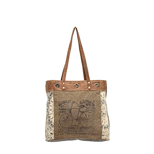 Myra Bags Bicycle Upcycled Canvas Tote Bag S-0935, Tan, Khaki, Brown, One_Size