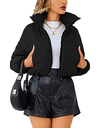Lumister Womens Lightweight Quilted Jacket Long Sleeve Stand Collar Zipper Cropped Puffer Jacket Coat(0407-Black-S)
