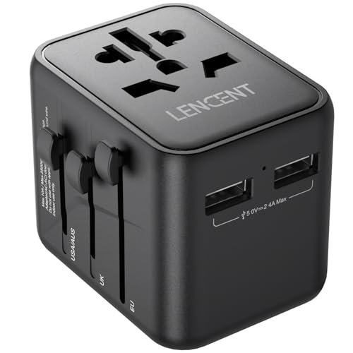 LENCENT Universal Travel Adaptor Plug with 2 USB Ports, International Power Adapter with UK/USA/EU/AUS Plug, Mini & Compact, All-in-One Worldwide Travel Charger for Over 200 Countries, Black
