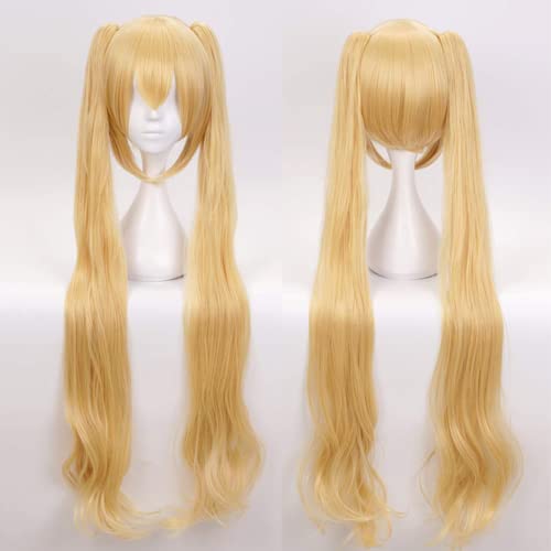 Anogol Hair Cap+Long Ponytails Golden Blonde Wig Natural for Anime Cosplay Costume Synthetic Hair Wig For Halloween Wig For Christmas Dress up Party