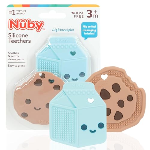 Nuby All Silicone Chocolate Chip Cookie & Milk Carton Teether – 2 Pack, 3+ Months