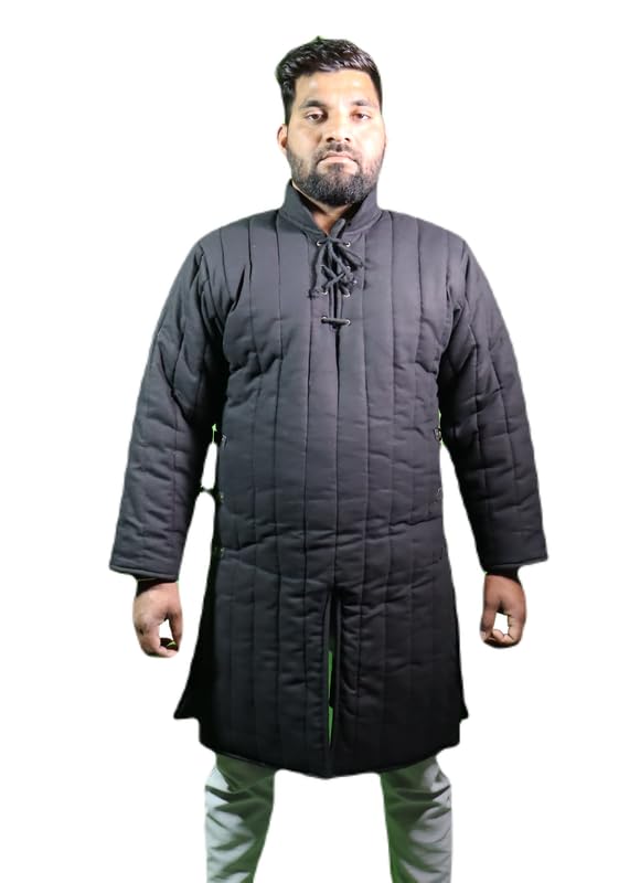 THE MEDIEVALS Medieval Thick Padded Full Sleeves Gambeson Coat Aketon Jacket Armor, Black Cotton Fabric - 3X-Large