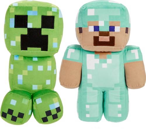 Mattel Minecraft Plush Figure 2-Pack, Steve in Diamond Armor & Charged Creeper Set with Pixelated Design