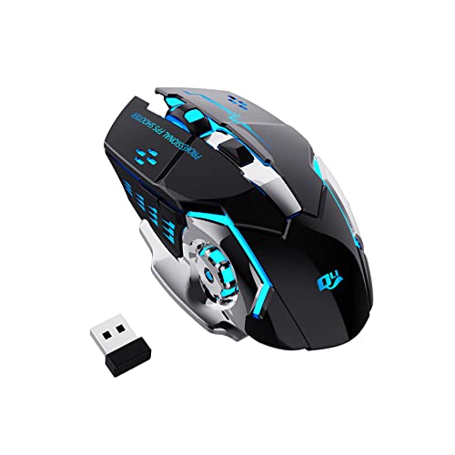 QELIROKY New 2.4G Wireless Rechargeable Gaming Mouse Silent Click with 6 Buttons, 3 Adjustable Levels DPI, Colorful LED Lights for Laptop, iPad, MacOS, PC, Windows, Android (Black)