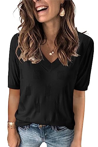 Arach&Cloz Womens Spring Summer Tops 2024 Trendy Fashion Short Sleeve Plus Size Sweaters V Neck Knit Clothes Western Vacation Resort Wear Dressy Cute St Patricks Casual Outfits Business Blouse Black