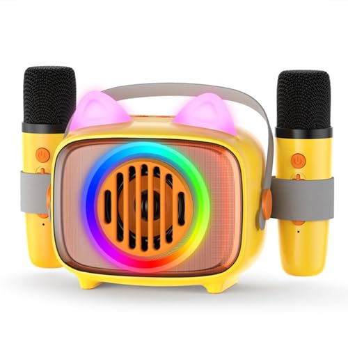 BIGASUO Karaoke Machine for Kids, Mini Portable Bluetooth Speaker with 2 Wireless Microphone and Dynamic Lights, Ideal Gifts for Girls Boys Birthday Home Party