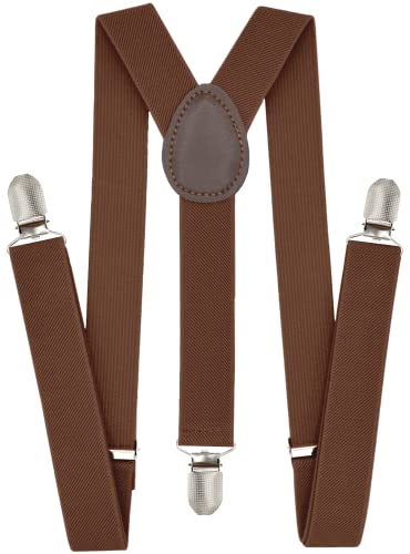 trilece Brown Suspenders for Boys Kids Girls and Toddlers Baby - Adjustable Elastic 1 inch Wide Y Shape Suspender Strong Clips (6 Years to 5 Feet Tall, Brown)