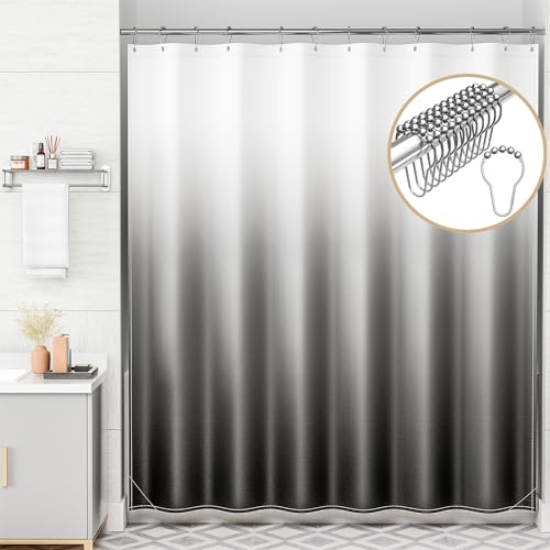 AmazerBath Shower Curtain, Cloth Ombre Black Shower Curtain Sets with 12 Shower Curtain Hooks, Washable Fabric Black and White Shower Curtain, Rustic Farmhouse Bathroom Shower Curtain, 72x72 Inches