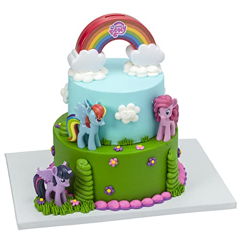 DecoSet My Little Pony Over The Rainbow Signature Cake Topper, 4 Piece Decoration, Rainbow Dash, Pinkie Pie, and Twilight Sparkle, A Rainbow Coin Bank, Collectable Figurines For Birthday