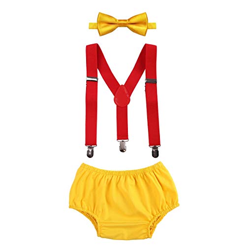 Inafnt Baby Boys First 1st 2nd Birthday Cake Smash Photo Prop Clothes Bloomers Diaper Pants Bow Tie Adjustable Y Back Suspender 3PCS Outfit Set for Photography Party Fancy Winnie pooh Costume Yellow