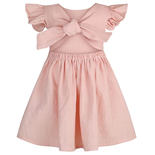 AGQT Baby Girls Summer Dress Cotton Linen Ruffle Sleeveless Halter Backless Outfit Kids Casual Beach Self Tie Dress Pink Size 2-3T