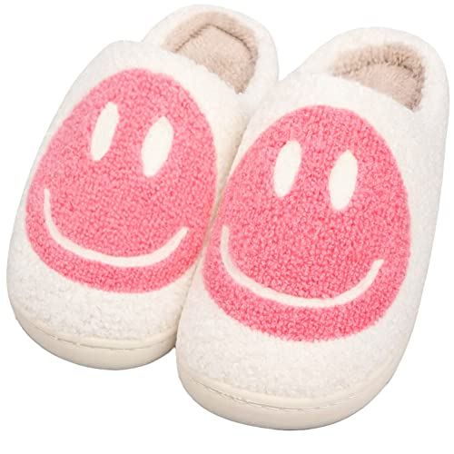 Smile Face Slippers for Women and Men, Retro Comfy Warm Soft Fuzzy Plush Slip-On House Shoes Funny Cute Happy Smile Home Winter Warmies Pillow Cloud Memory Foam Fluffy Slipper for Indoor & Outdoor(Pink)