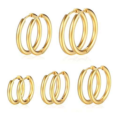 PICKBEAU 5 Pairs 18K Gold Plated Huggie Hoop Earrings Set for Women and Girls - Hypoallergenic 12 to 20mm Sizes