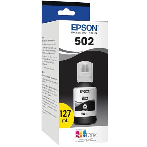 EPSON 502 EcoTank Ink Ultra-high Capacity Bottle Black Works with ET-2750, ET-2760, ET-2850, ET-3750, ET-3760, ET-3850, ET-4850, and other select EcoTank models