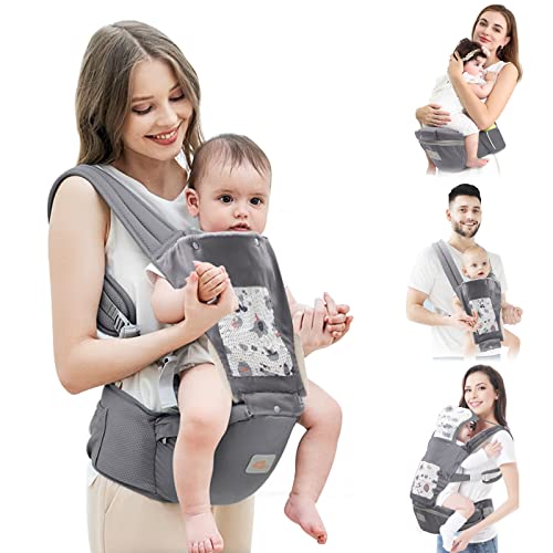 Mumgaroo Baby Carrier Newborn to Toddler, Ergonomic 6-in-1 Baby Carrier with Hip Seat Complete All Seasons, Adjustable & Removable Baby Holder Backpack with Baby Hood 0-36 Months