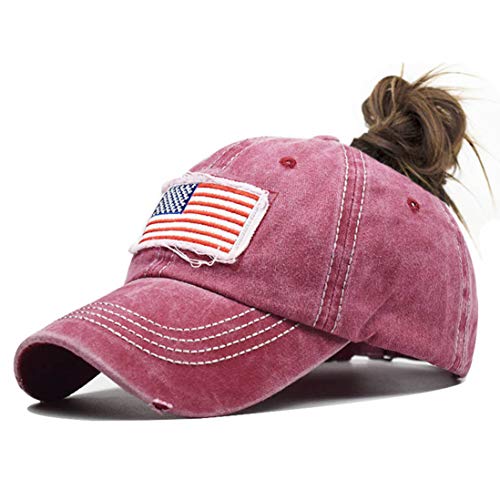 Distressed Ponytail Hat for Women American-Flag Pony Tail Caps High Bun (Wine red, One Size)