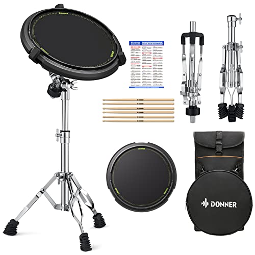 Donner Drum Practice Pad Stand Kit Snare Drum Stand with 12'' Marching Pad Silent Drum Pad, Drumsticks, Backpack Adjustable Stand Fits 10''-14'' Dia Drums(Black)