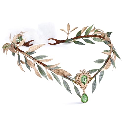 MOSTORY Handmade Fairy Flower Headband - Elf Crown Woodland Headpiece Forest Leaf Circlet Elven Wreath for Women Girls Renaissance Christmas Wedding Cosplay Photo Props Green Gold
